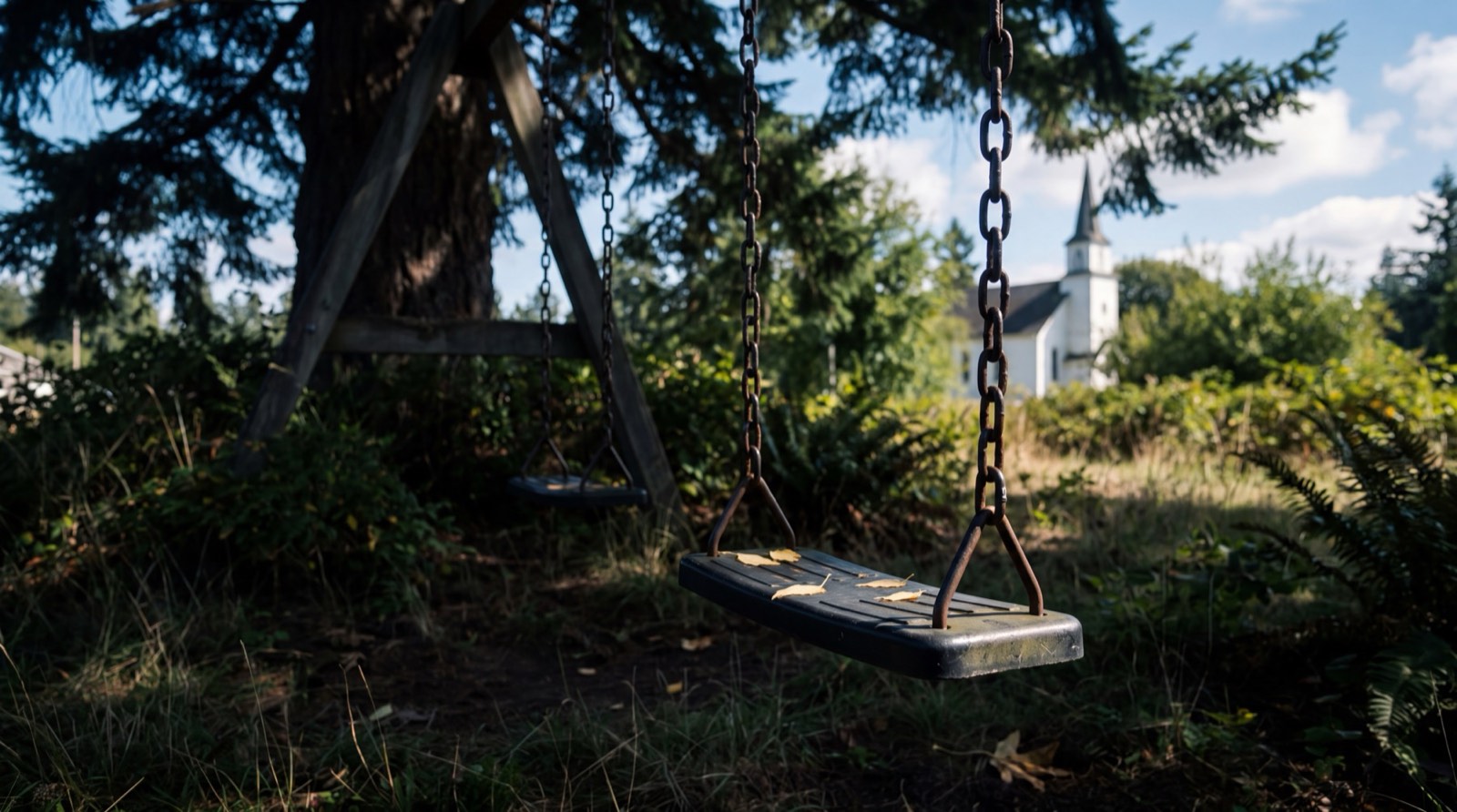 Swings at Cedar Grove Playground, looking toward the church
